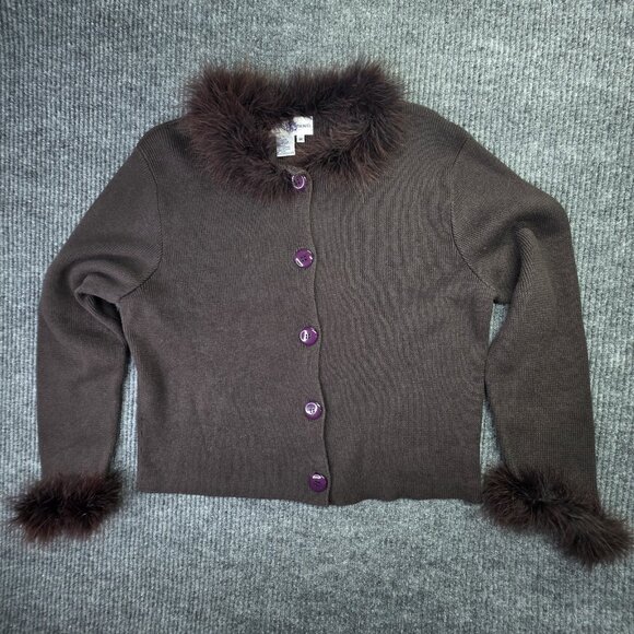 Rebecca Thomas Sweater Womens Medium Brown Feather Trim Cardigan Button Up - Picture 14 of 14